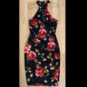 Black Velvet Rose Print Mini Dress